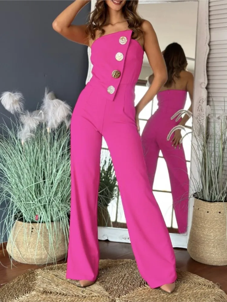 Women Fashion Sexy Asymmetrical Bandeau Strapless Jumpsuits Summer Button Decor Casual Overalls Woman Elegant Long Jumpsuits