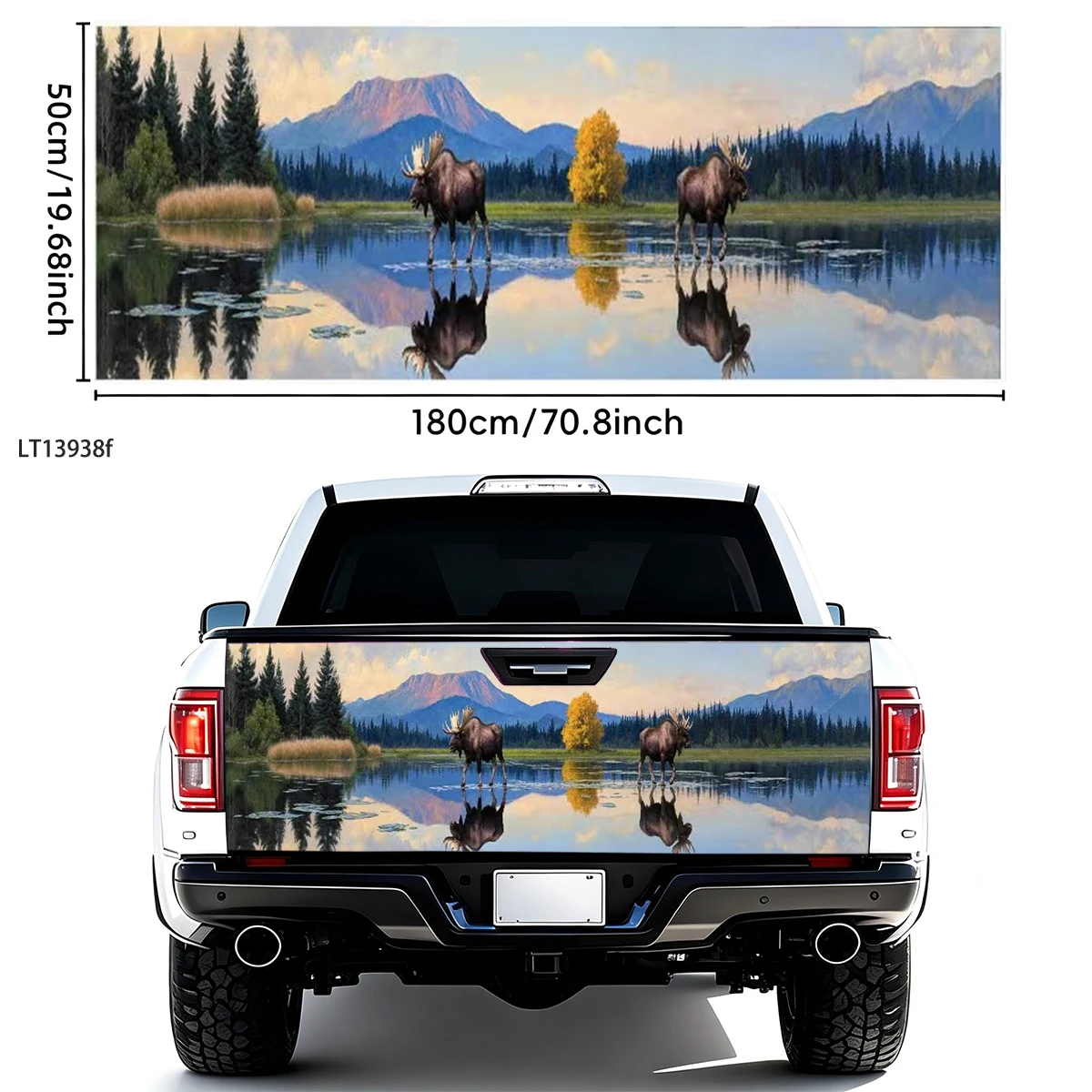 Mountain Lake Reflection Moose Autumn Forest Scenery Pickup Tailgate Wrap Waterproof Vinyl Off Road Rear Gate Exterior Mod Decor