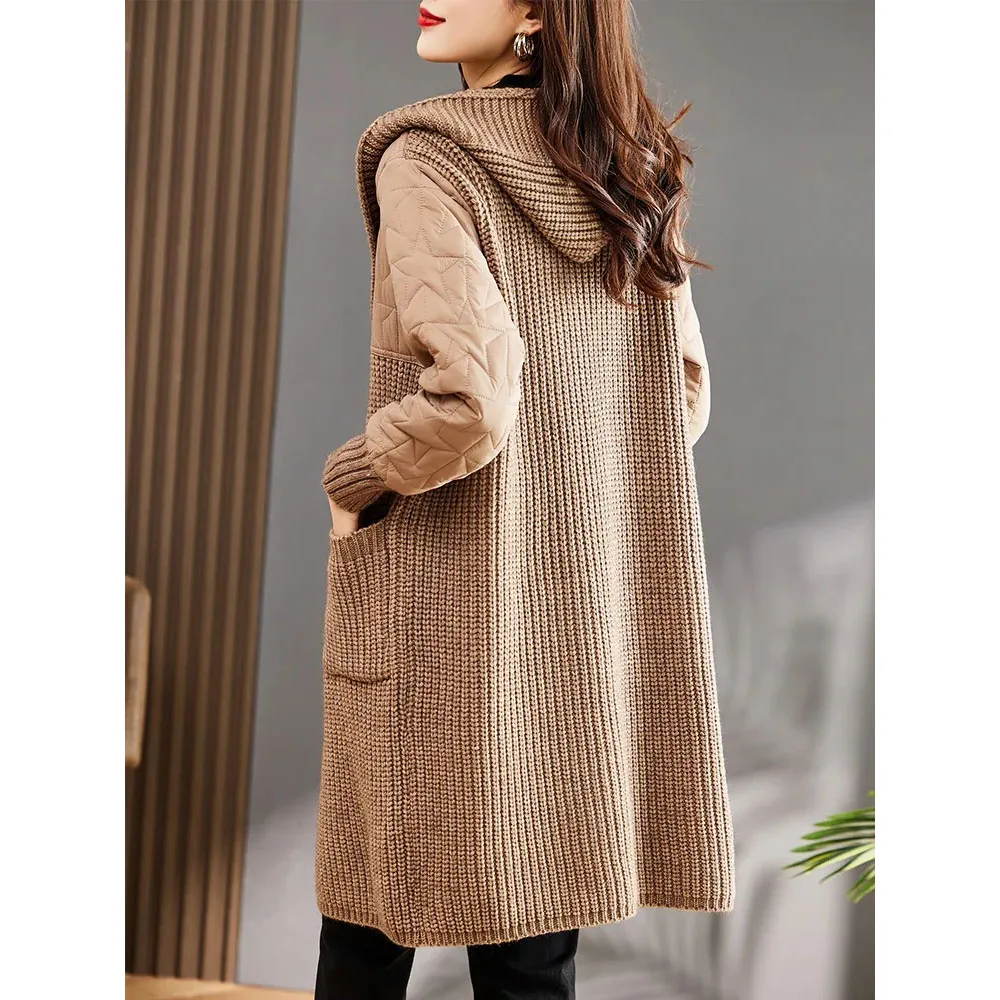 Long Patchwork Thicken Quilted Sweater Jacket For Women Autumn Winter Wool Sweater Coat Female Korean Loose Hooded Knit Cardigan