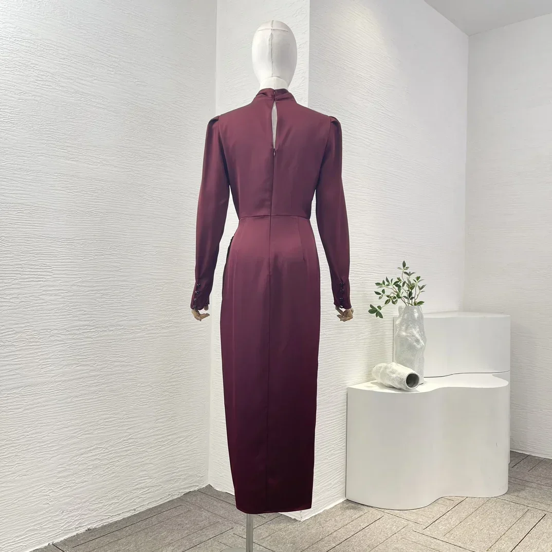 Top Quality Re-tro Red Full Sleeve Overlapping Folds Bordeaux Satin Slit Hem Women Graceful Midi Dress 2024 New