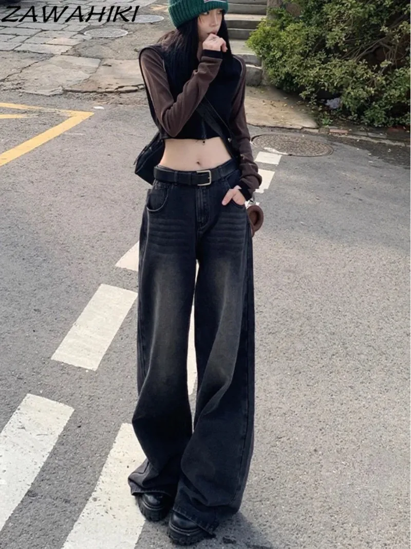 

Spring Autumn New Arrive American High Waist Black Straight Jeans Woman Loose Wide Leg Distressed Casual Chic Y2K Denim Pants