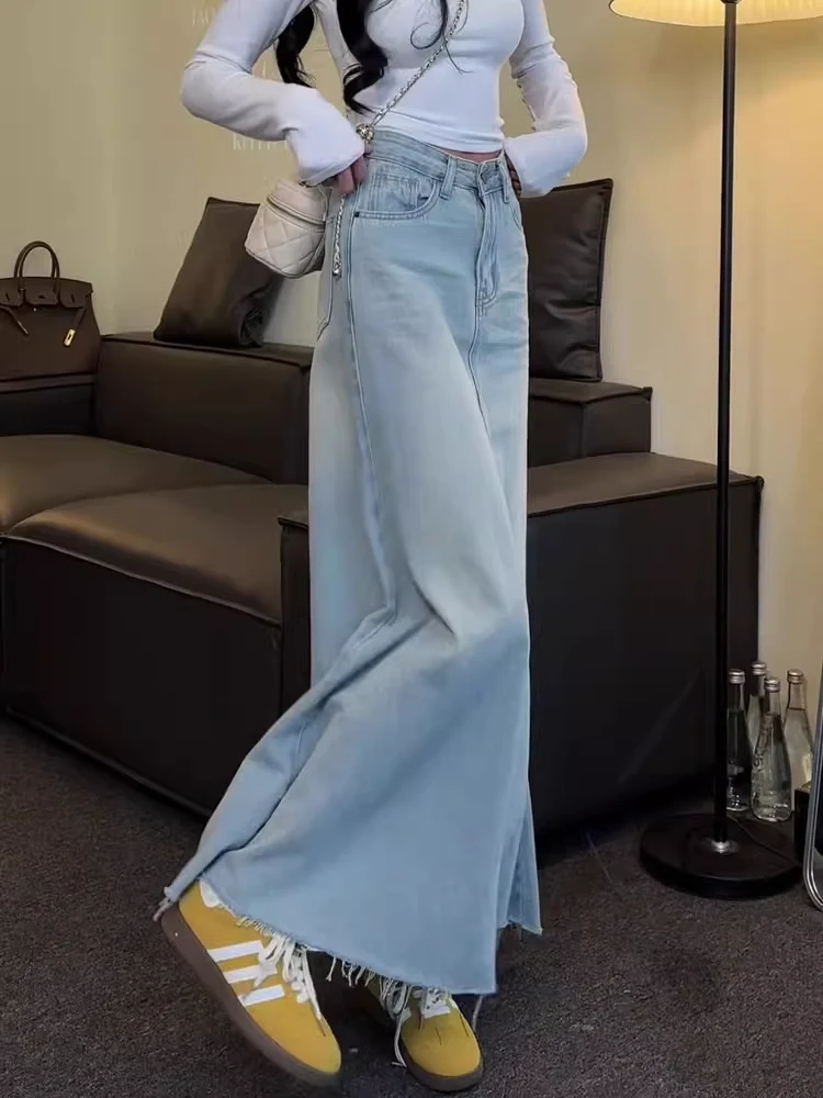 Luz azul cintura alta denim a linha saia feminina emagrecimento longo sle casual primavera outono nova chegada saias