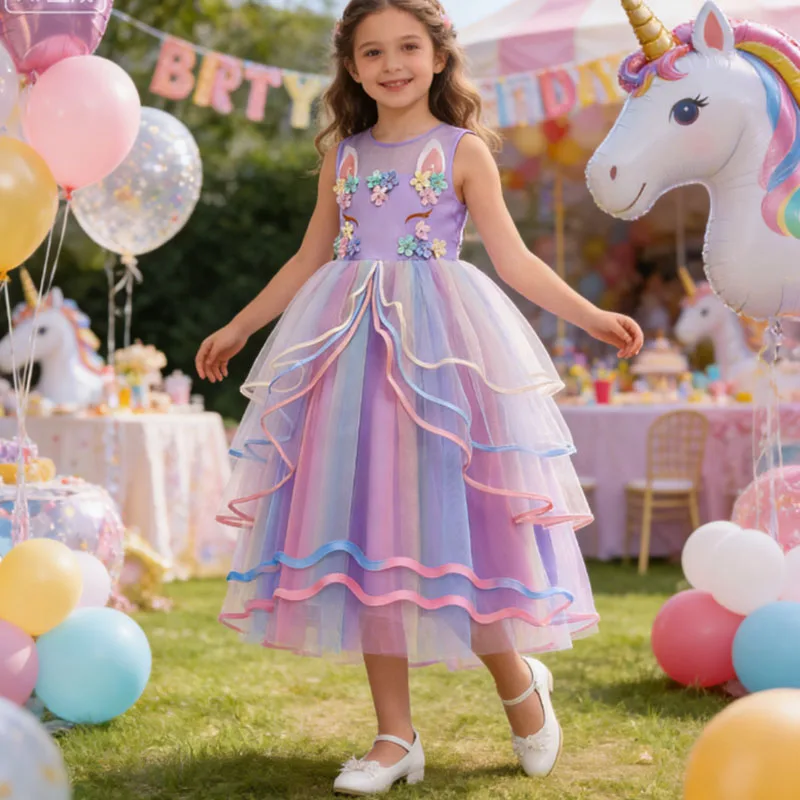 

Purim Party Colorful Unicorn Dress Carnival Clothing Girl Elegant Cosplay Dress Wedding Children Party Birthday Princess Costume