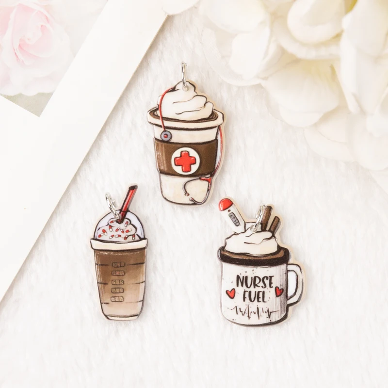 6Pcs Coffee Cup Charms Acrylic Creative Nurse For Earring Keychain Pendant Necklace Diy Making