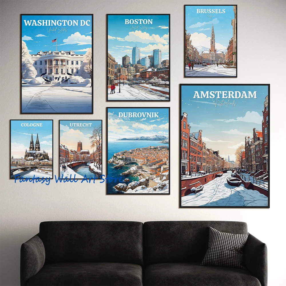 Winter in Brussels Amsterdam Rome Dubrovnik Copenhagen Snowy Cities Traveling Art Poster Canvas Painting Wall Picture Home Decor