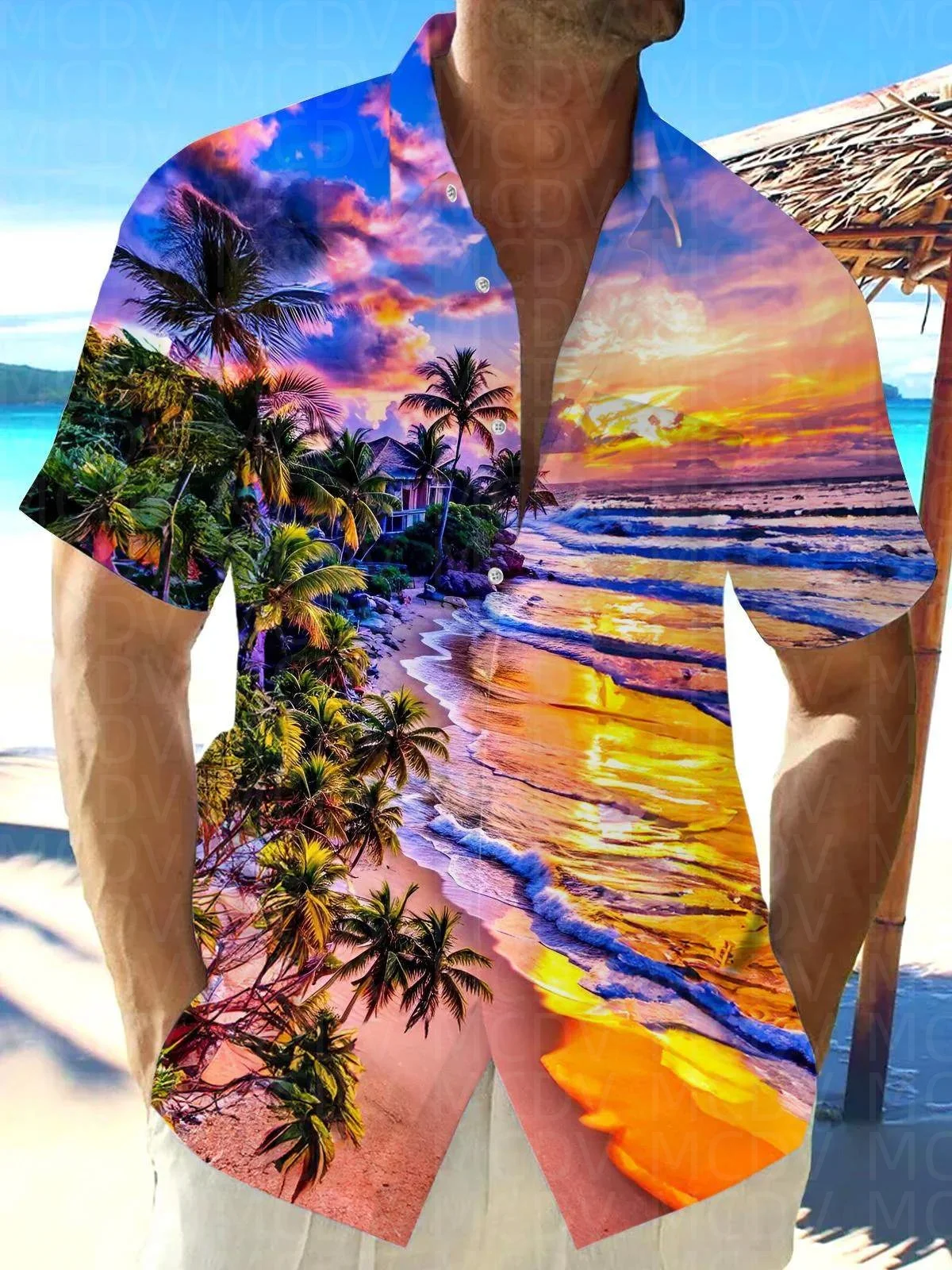 Strip Pattern Men's Hawaiian Shirt Stretch Easy Care Camp Shirt Big Tall