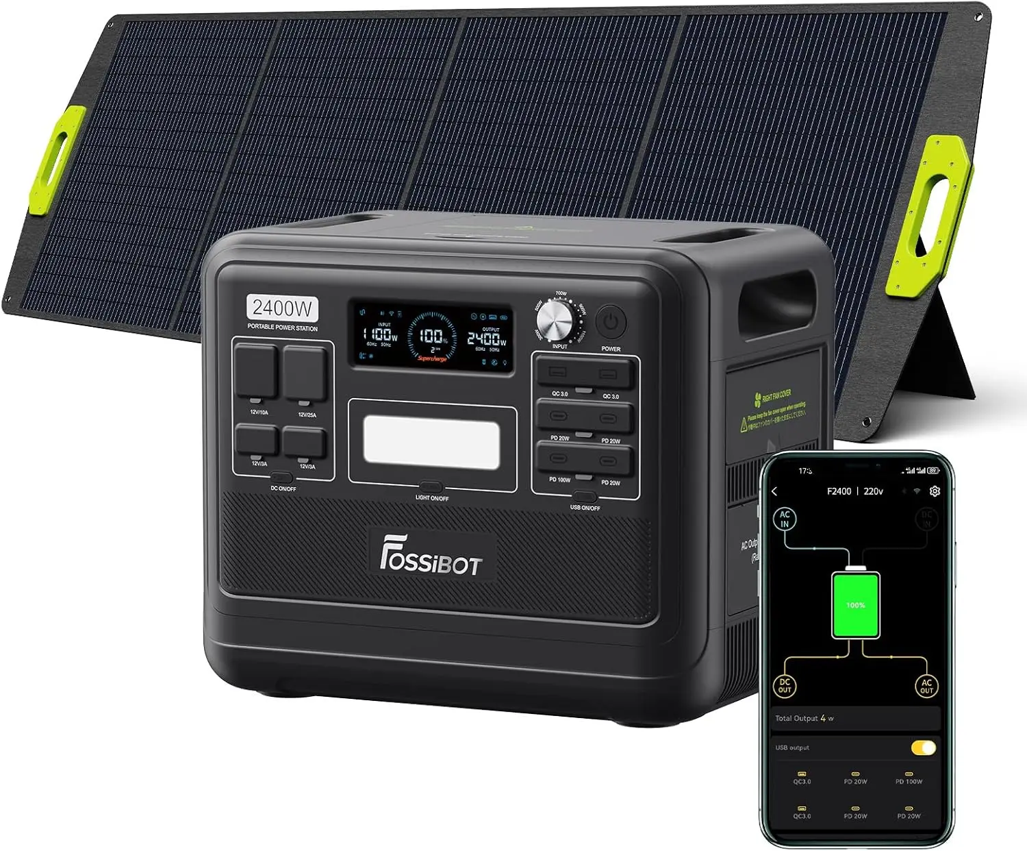 FOSSiBOT F2400 Powerstation mit 200 W Solarpanel, Solargenerator 2048 Wh LiFePO4-Akku 230 V 2400 W 3 AC-Ausgänge (4800 W Spitzenleistung), Mobiler Stromgenerator für Camping/Reisen/Zuhause/Notfälle