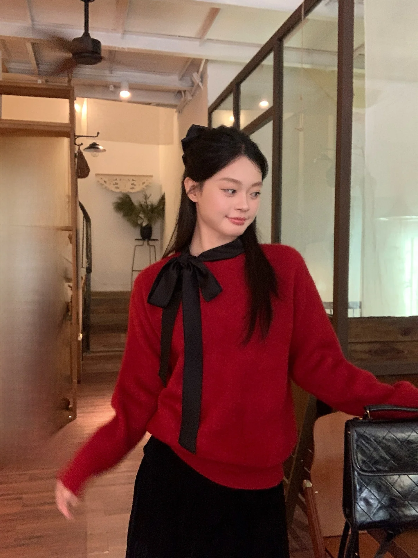 

Red round Ne Pullover Knitted Sweater Women's Loose Casual Sle Winter New Arrival Knot Top by Song Zhengen