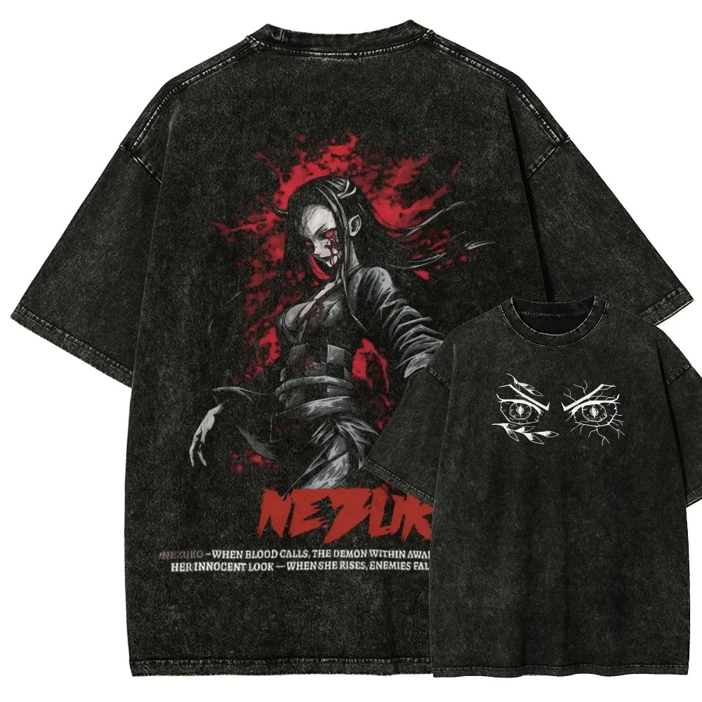 Demon Slayer Herren- und Damen-T-Shirt im Used-Look, Nezuko Kamado, Sommer- und Frühlings-Anime-T-Shirt, Retro Distressed Harajuku Kurzarm