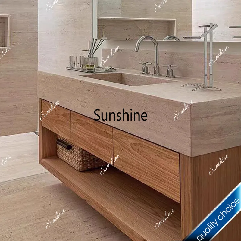 Travertine rock slab integrated basin bathroom cabinet, bathroom solid wood, washing table customization