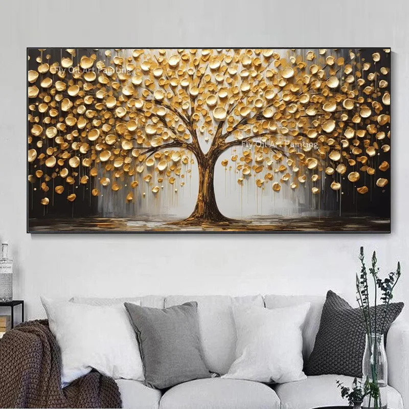 Hand Drawn Golden Yellow Money Tree Landscape Wall Art Decor Items Popular Design Black Yellow Tree Oil Painting As Gifts