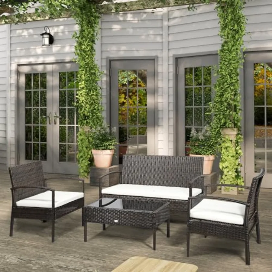 

Набор мебели для патио Outsunny, 4-компонентный плетеный набор для бесед из полиэтилена для дома и улицы с стульями, двухместный диван, подушки, стеклянный стол f