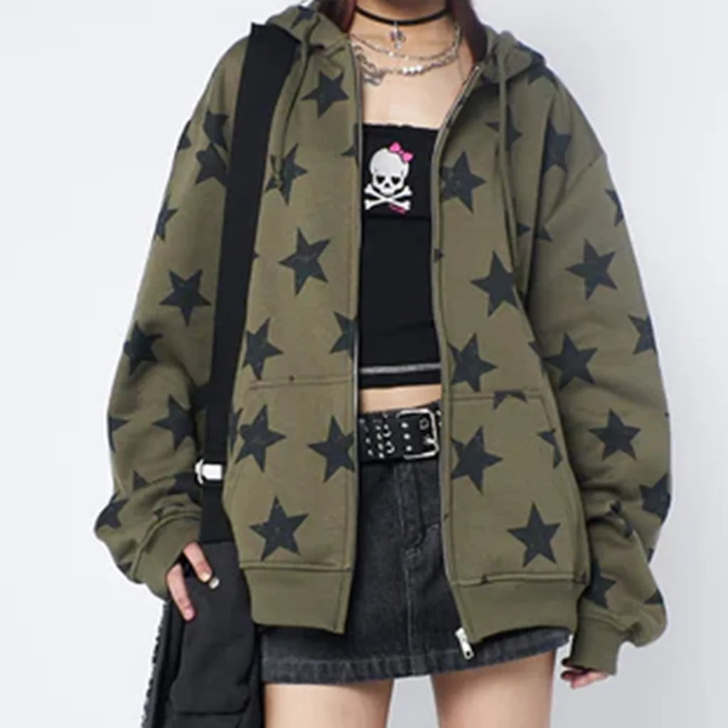 Women's High Street Zip Hoodie Star Print Warm Long Sleeve Hooded Sweatshirt Jacket with Pockets for Autumn Streetwear