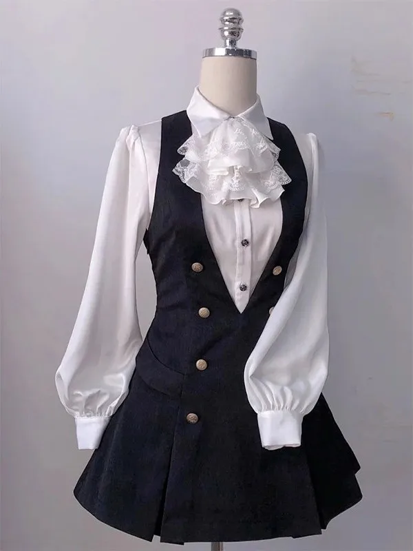 

Gothic Style Long Sleeve Shirt And Overalls Set Japanese Vintage Teenage Girl Clothing Production Quantity Type Autumn Outfit