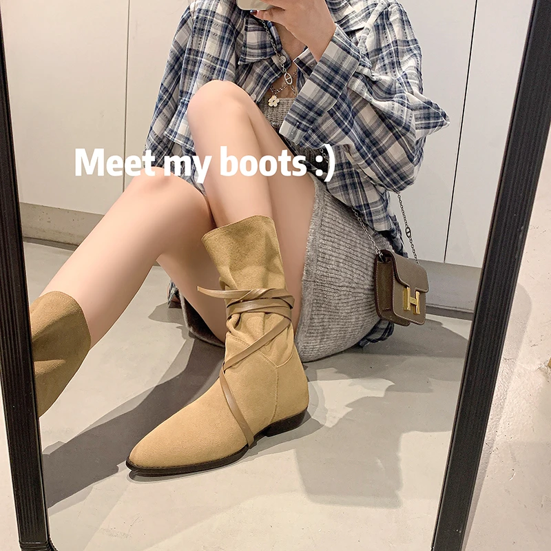 

2023 Autumn and winter Women mid-calf boots natural leather 22-24.5cm cow suede+pigskin modern boots Pointed Strap Western Boots