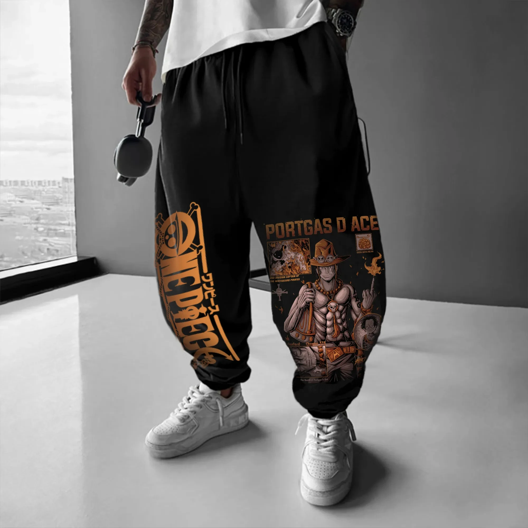 ONE PIECE Hot Blood Anime Ace Print Męska i damska letnia moda uliczna Luźna koszulka, bluza z kapturem, spodenki i spodnie dresowe