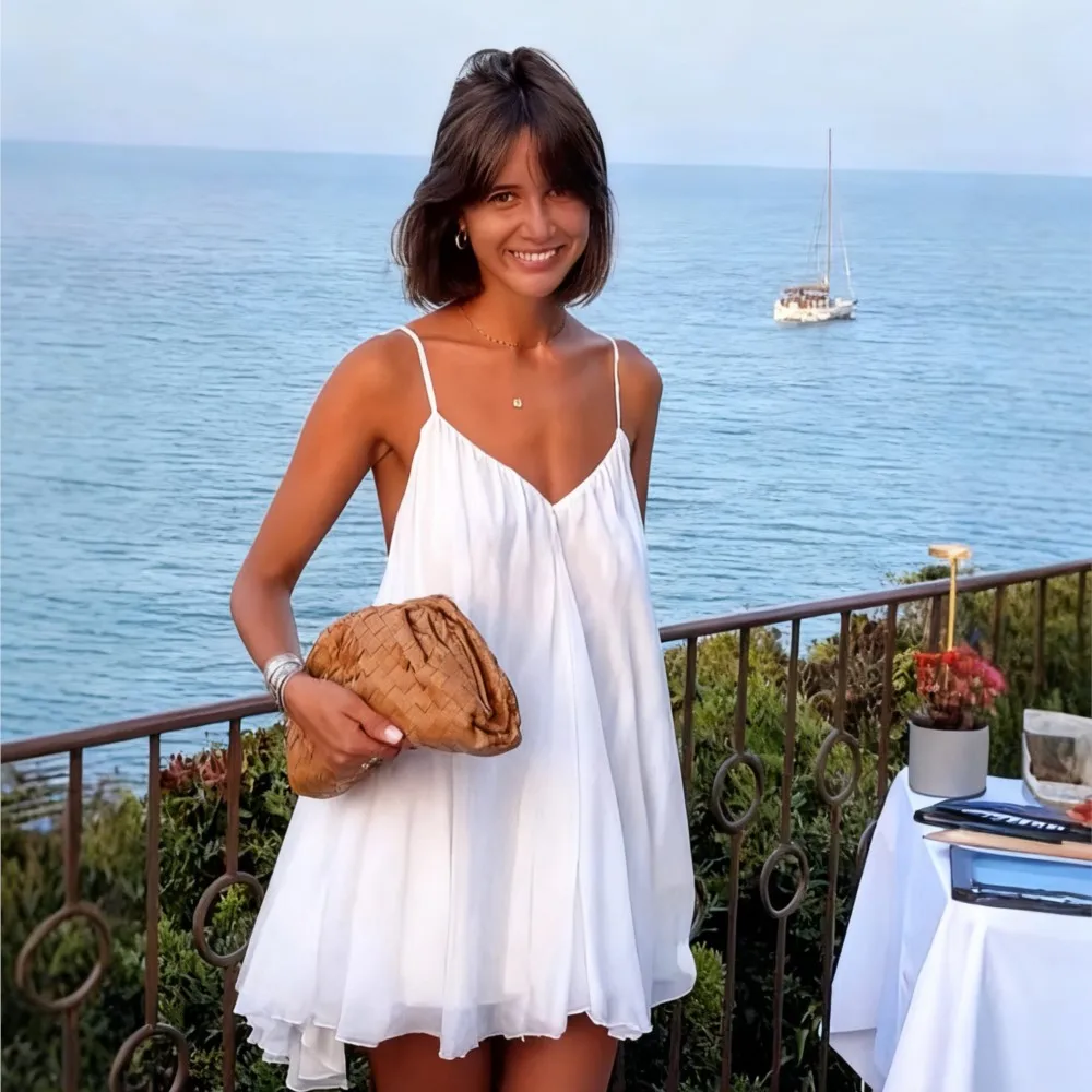 

Spring Summer New Women's Suspender Dress Solid Color Sexy Fashion Large Backless V-neck Loose Mini Beach A-line Short Dresses