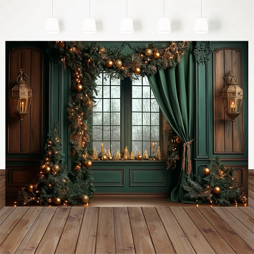 Christmas Room Window Background Photography Vintage Green Curtains Lanterns Wooden Backdrop Winter Family Birthday Party Photo