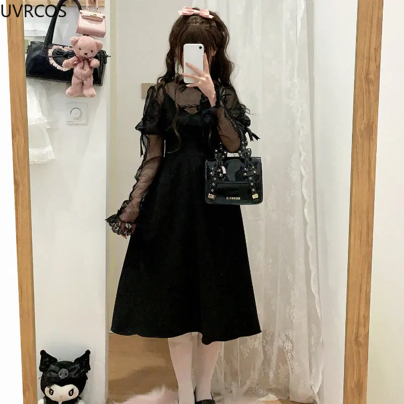 Victorian Gothic Lolita Shirts Women Vintage Elegant Rose Bow Lace Blouses Girls Japanese Style Long Sleeved Chiffon Mesh Tops