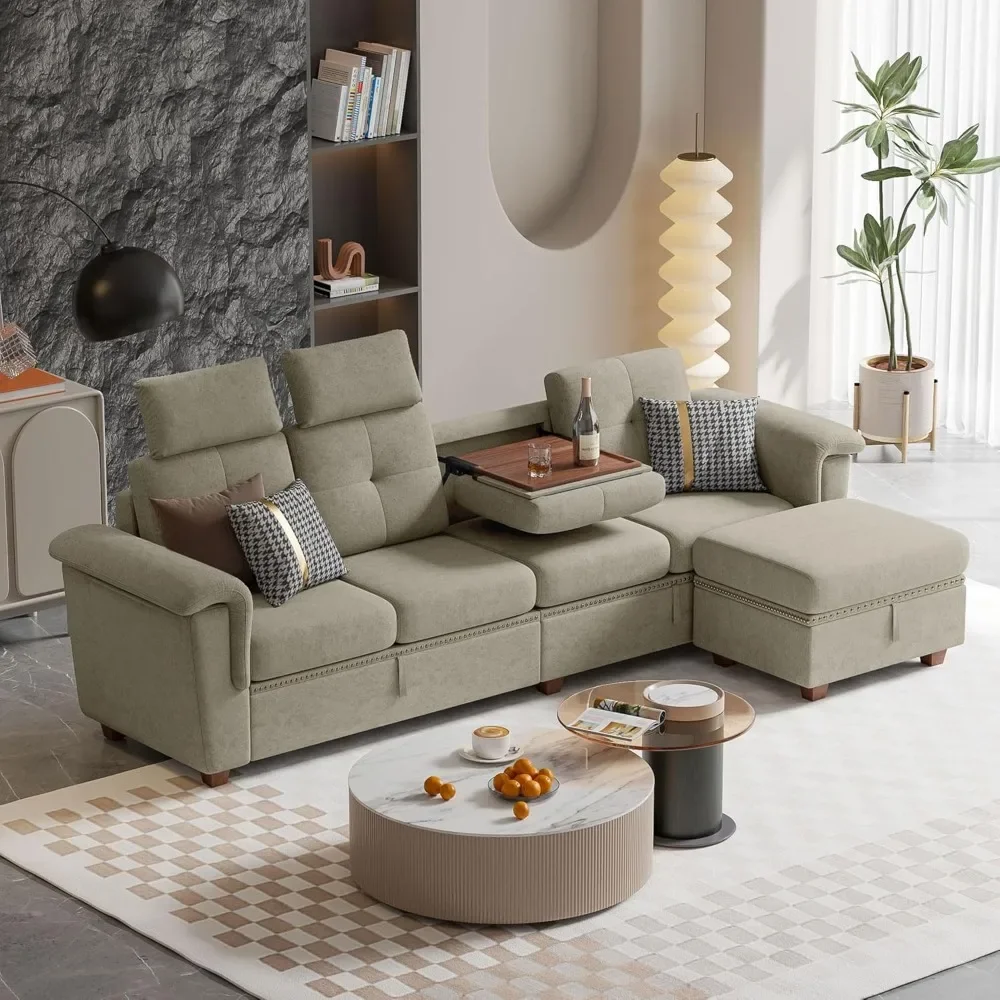 Convertible modular sofas, L-shaped sofas with chaise longues and cup holders, microfiber fabric sofas, living rooms,