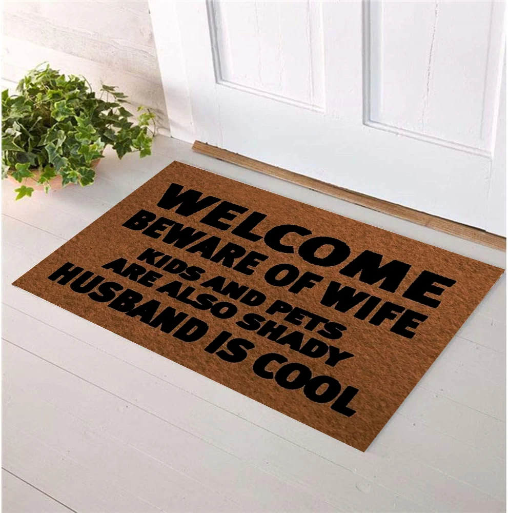 

Welcome Beware Of Wife Kids And Pets Are Also Shady Husband Is Cool Door Mat,Non-Slip Rubber Floor Mat, Housewarming Welcome Mat