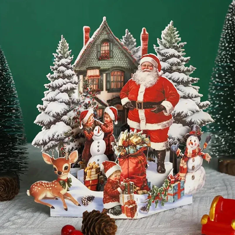 3D Christmas Card Night Before Christmas Scene With Santa, Reindeer, Snowy Village & Moonlit Sky Festive Holiday Greeting Card F