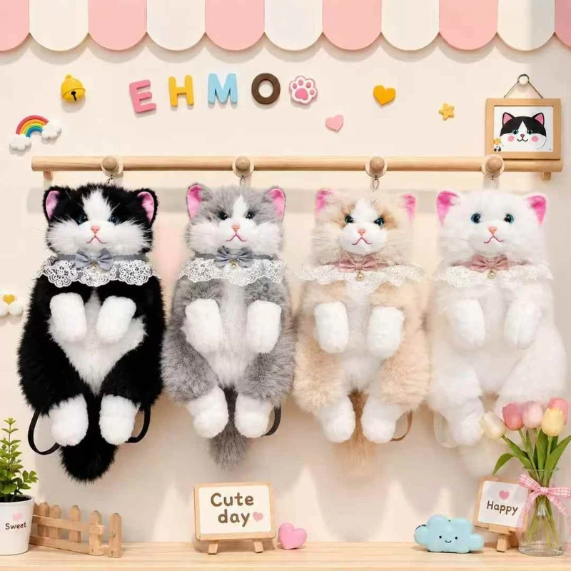 Cute Simulation Cat Plush Backpack for Girl Kawaii Animal Doll Shoulder Bag Multi‑Wear Lace Bow Bell Decor Travel Plush Rucksack