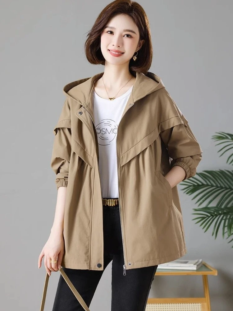 Giacca a vento lunga vestibilità ampia da donna con felpa con cappuccio 2025 Capispalla casual oversize stile coreano primavera autunno