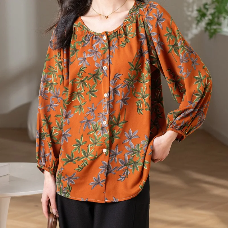 بلوزة كاجوال فضفاضة بأكمام طويلة وطبعة أوراق شجر للسيدات أثناء السفر والعطلات، قميص برتقالي، ملابس علوية #2