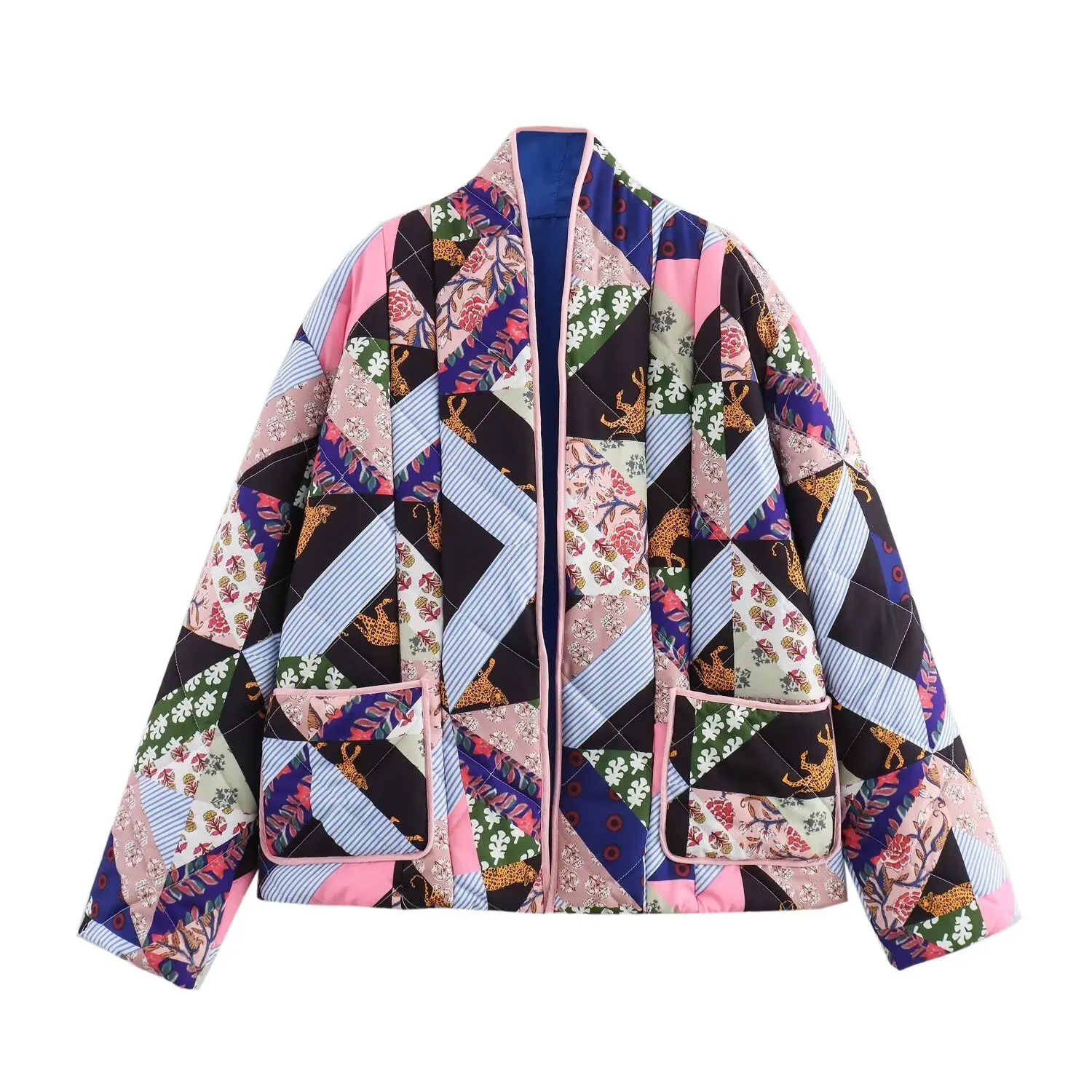 2024 autumn and winter new women's clothing retro print loose casual versatile long sleeved pocket decoration cotton jacket