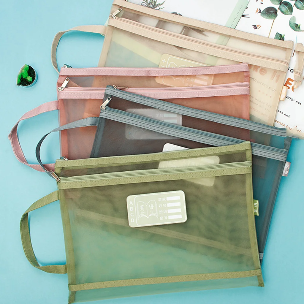 Transparent Mesh Pencil Case Office Student Zipper Pouch Clear Document Bag Book File Folders Stationery Pencil Case Storage Bag