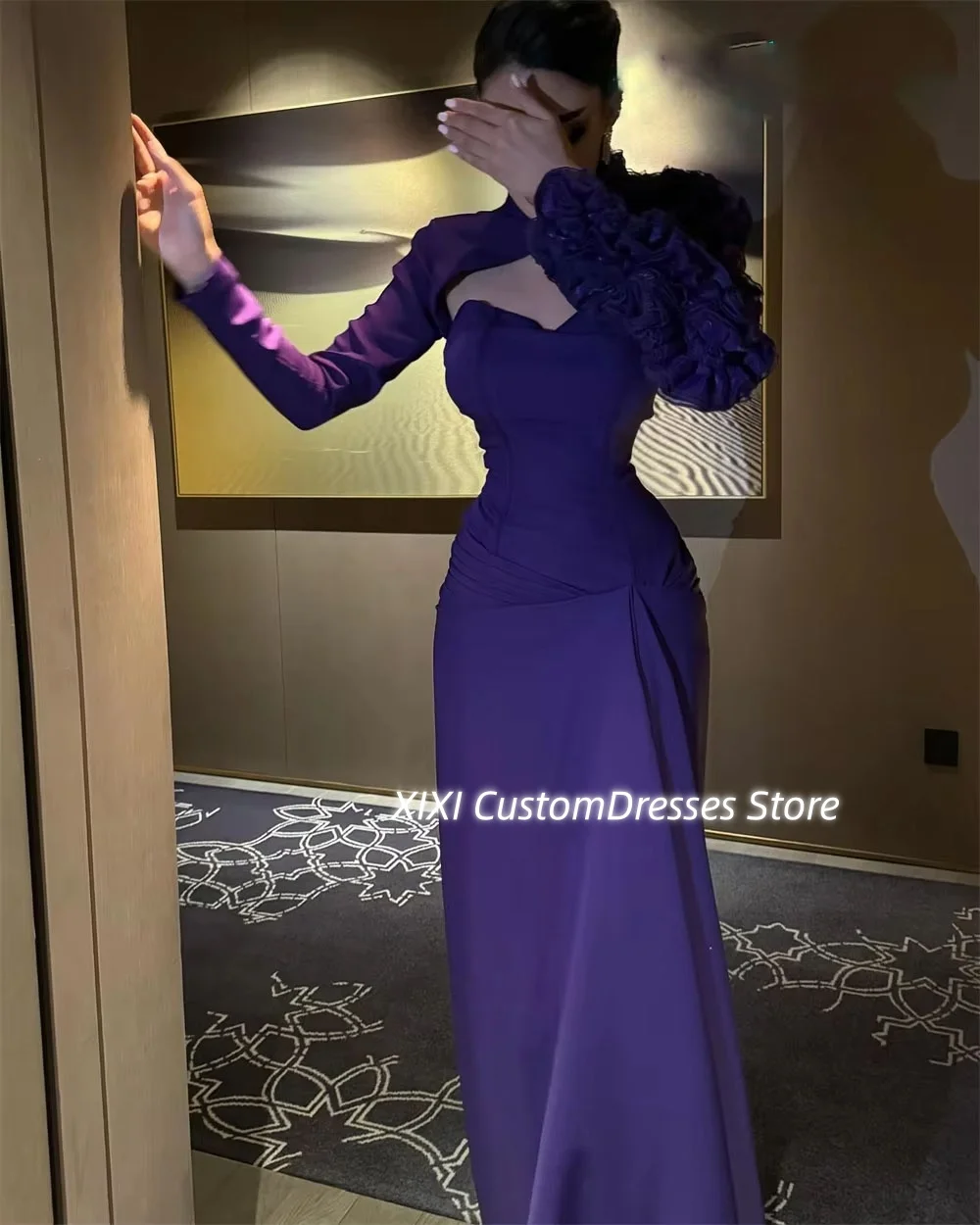 تخصيص فساتين Fساتين A-الخط رسن بطول الأرض للحفلات الراقصة كشكش بأكمام طويلة وسحاب حتى فساتين للمناسبات الخاصة #4