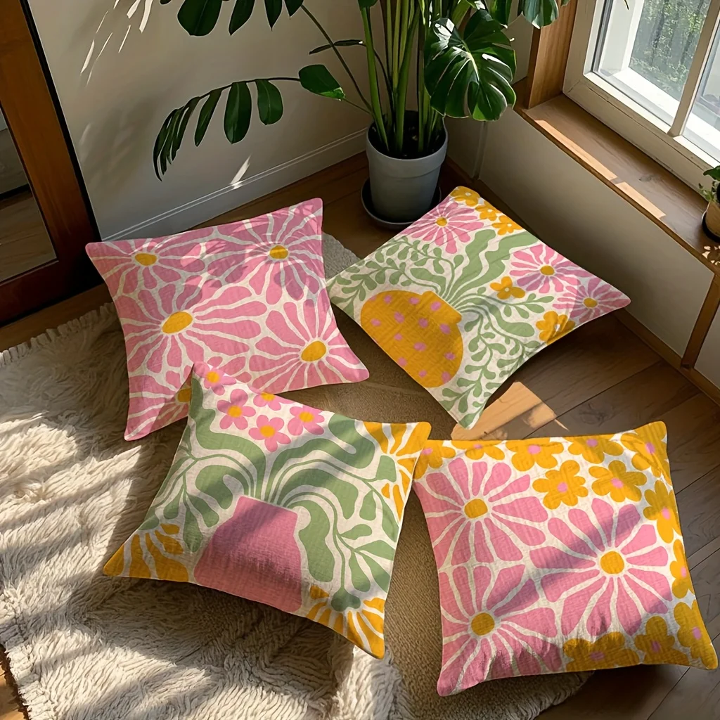 4 piezas  fundas  almohada estilo bohemio impresas en 2D, diseño abstracto floral vintage, fundas  cojín para coración d