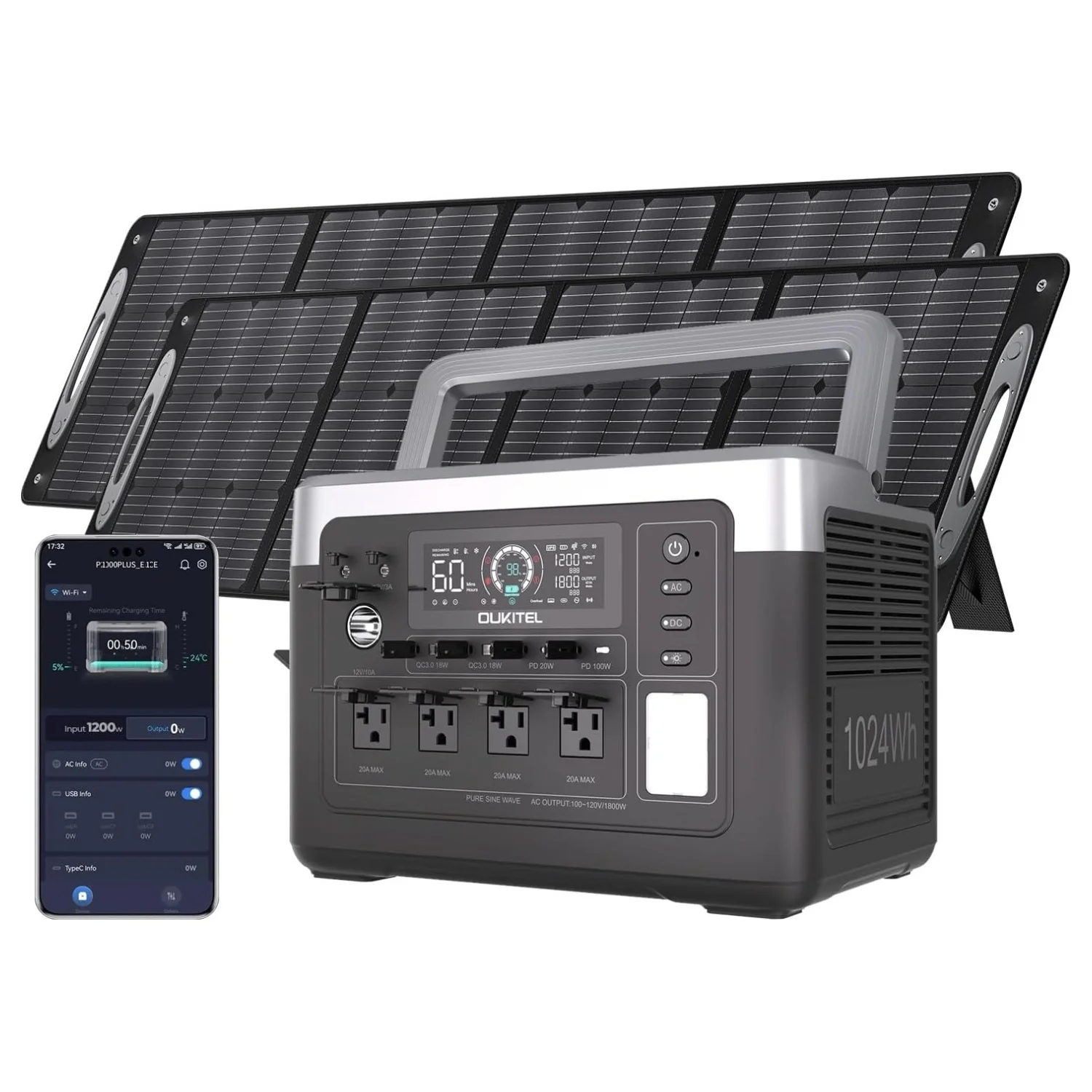 

OUKITEL 1800W Solar Generator Lifepo4 Battery Home Outdoor Emergency Portable Power Station With Wireless Charging