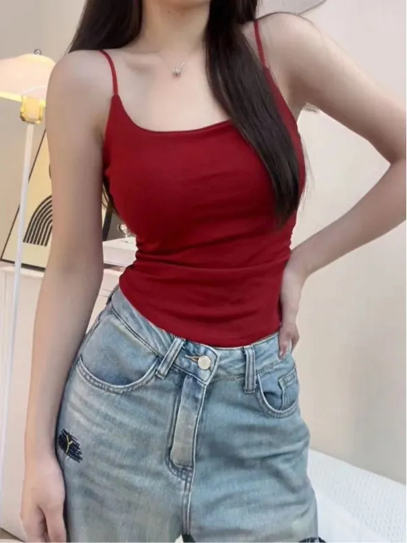 American Style Red Camisole Tank Top Women's Low Neck Strap Vest Integrated Chest Pad Backless Sleeveless Tube Top
