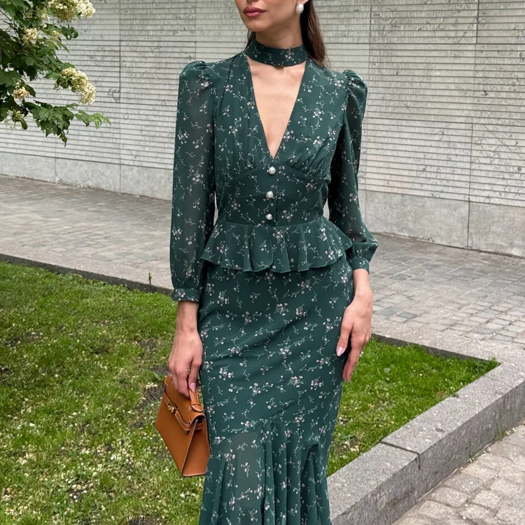 

Two Piece Skirt Set Women's Fashion Slim Fit Printed Top Elegant Autumn V-Neck Long Sleeve Ruffle Shirt Stylish High-Waist Skirt