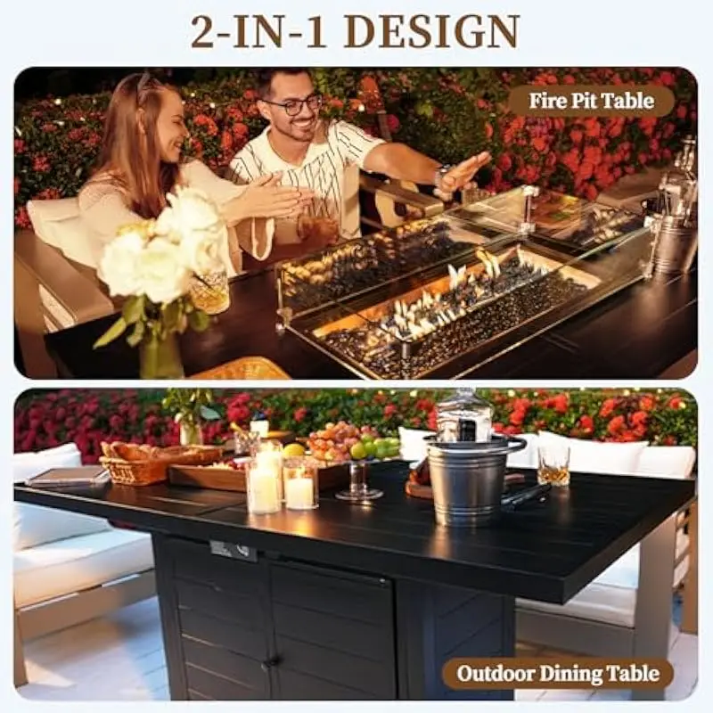 60 Inch Rectangular Aluminum Outdoor Fire Pit Table with 50000 BTU Propane Burner, Wind Guard, Blue Fire Glass, Dust Cover and R
