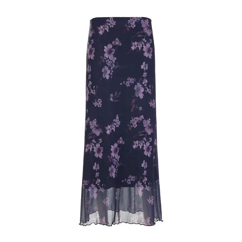 

Ezgaga Women Skirts Mesh Patchwork Floral Vintage Slim Sexy Elegant Fashion Party Long Skirt Female Temperament Casual