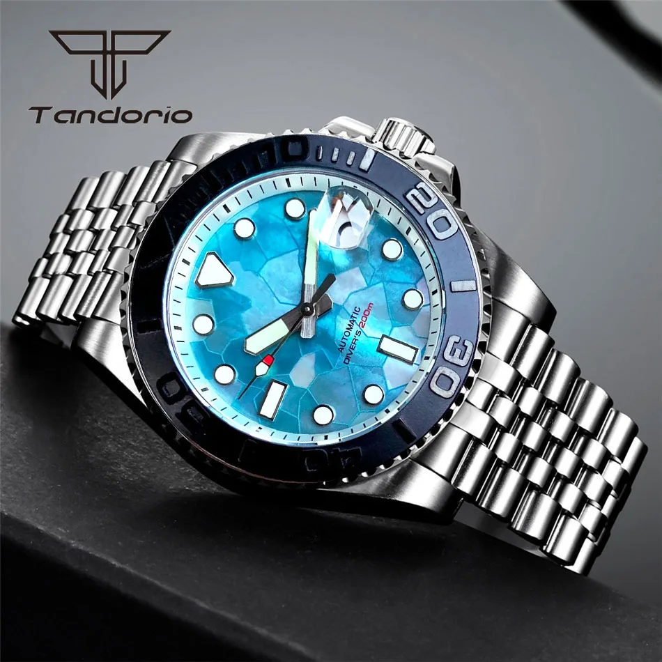 Tandorio Nh35a 40Mm Mode 20bar Heren Duik Automatisch Polshorloge Groenachtig Blauw Mop Wijzerplaat Roterende Bezel Saffier Lichtgevende Datum