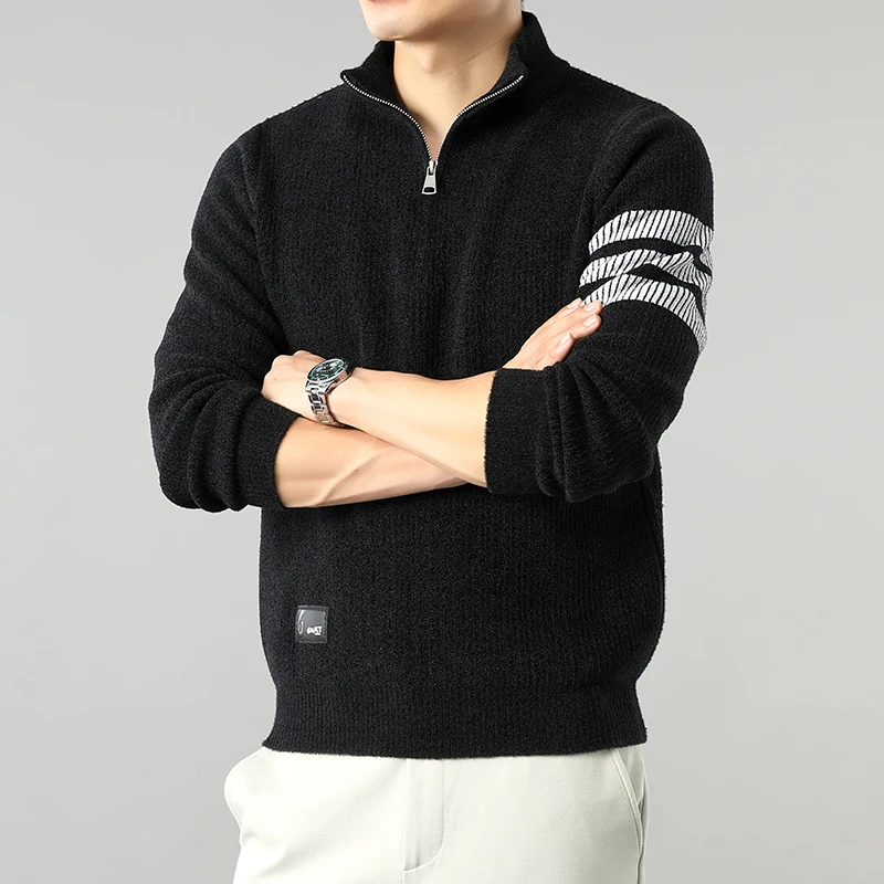 เสื้อสเวตเตอร์ถักคุณภาพสูงแบบใหม่ ซิปครึ่งตัว สำหรับผู้ชาย ฤดูใบไม้ร่วงและฤดูหนาว แขนยาว เสื้อสเวตเตอร์ถัก เสื้อสเวตเตอร์พื้นฐาน