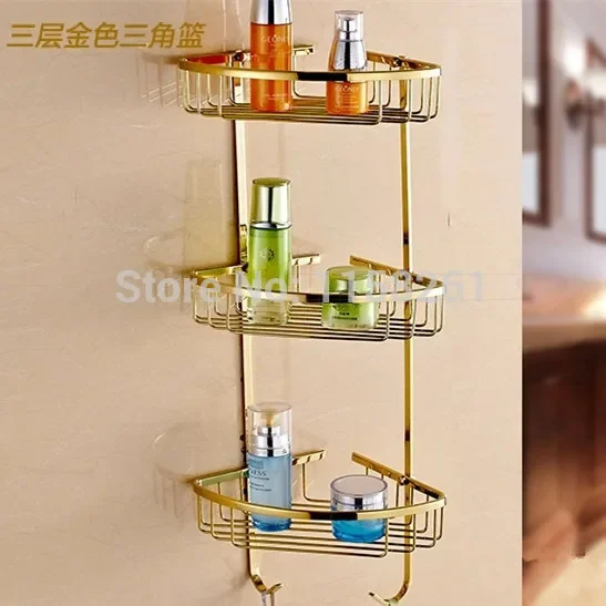 

VidricShelves 3 Tier Metal Gold Shower Wall Shelf Corner Basket Shampoo Storage Rack Bath Accessories Towel Hooks OG-8617