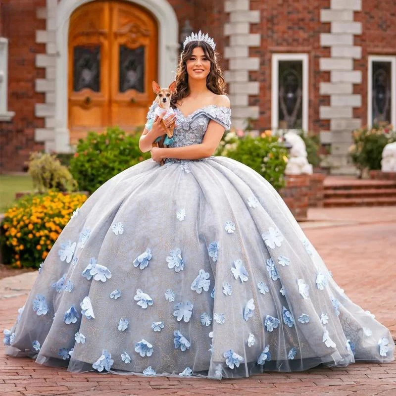 Vestidos de quinceañera, vestido de flores de tul con cuentas y hombros descubiertos, apliques de fiesta, tren de corte con cordones, vestido de baile de graduación, 2024