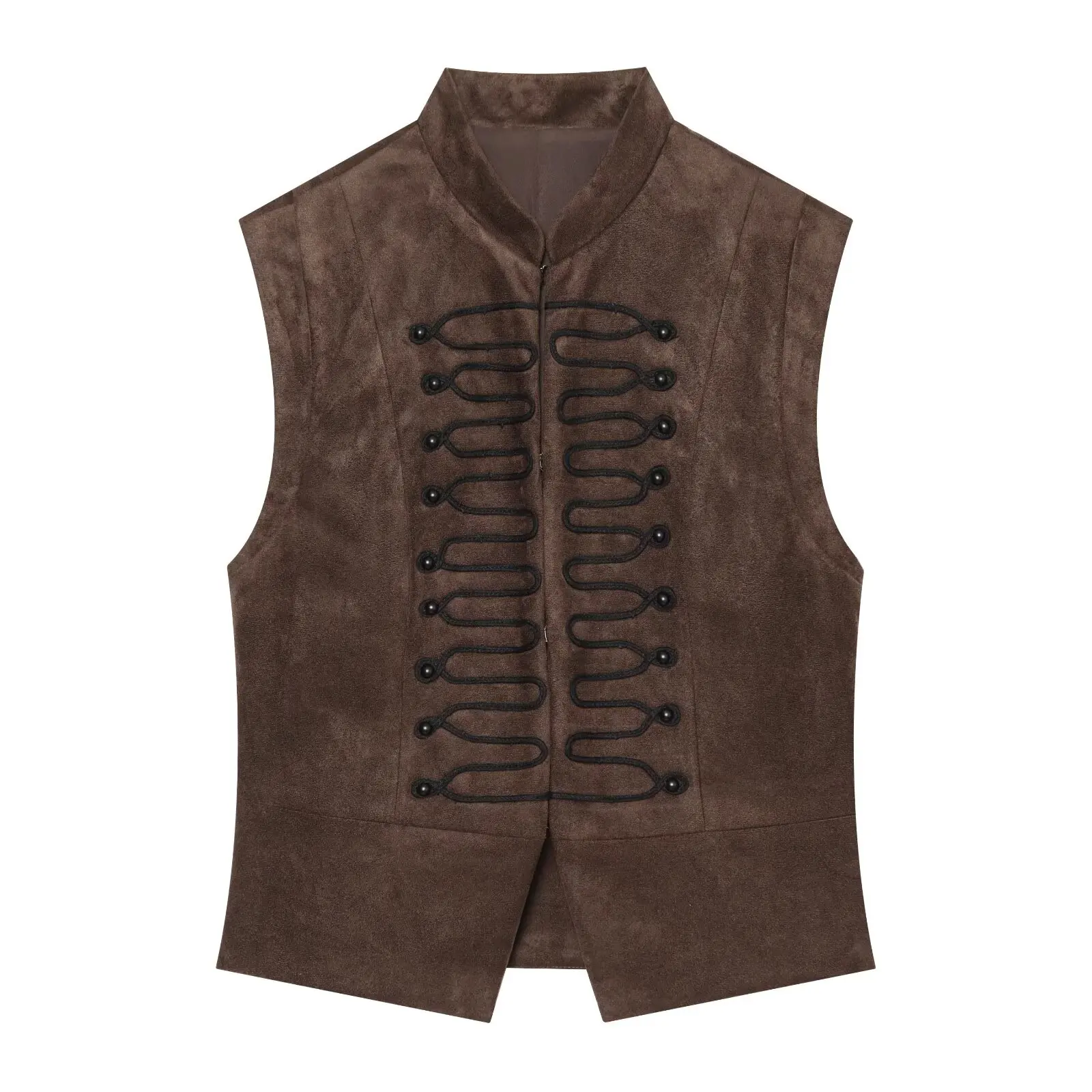 Women Coffee Chic Suede Texture Vest Autumn Winter Female Stand Sleeveless Knot Button Retro Coats Lady Casual Waistcoat Jackets