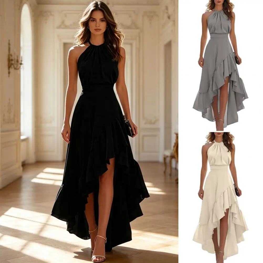 Sexy Neckholder-Kleid mit Asymmetrischem Saum und Rüschen, Mehrschichtiges Cocktail- und Abendkleid, Maxikleid für den Sommer
