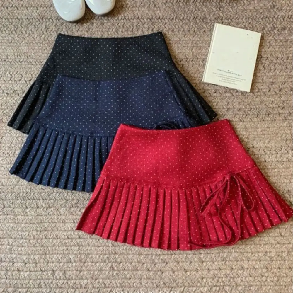 

Sweet Sweet Pleated Skirts for Women Preppy Style High Waist Dot Mini Skirt with Safety Pants Bowknot A-line Short Skirts Party