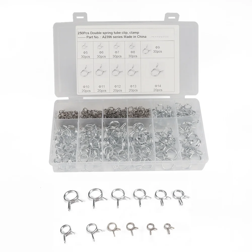 

250Pcs/Set Stainless Steel Spring Tube Clamp Double Spring Tube Clamp Hose Clip Fastener For Fuel Line Hose Wire Φ5-Φ14