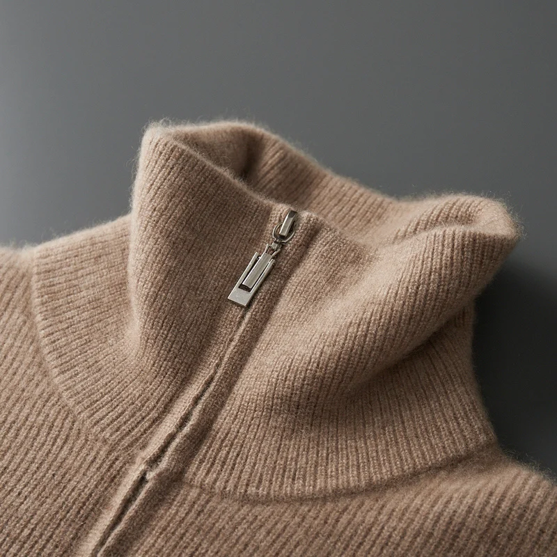 100% suéter de cachemira pura con cuello POLO para hombre, jersey de punto con media cremallera, chaqueta de camisa informal gruesa para otoño e invierno 2025