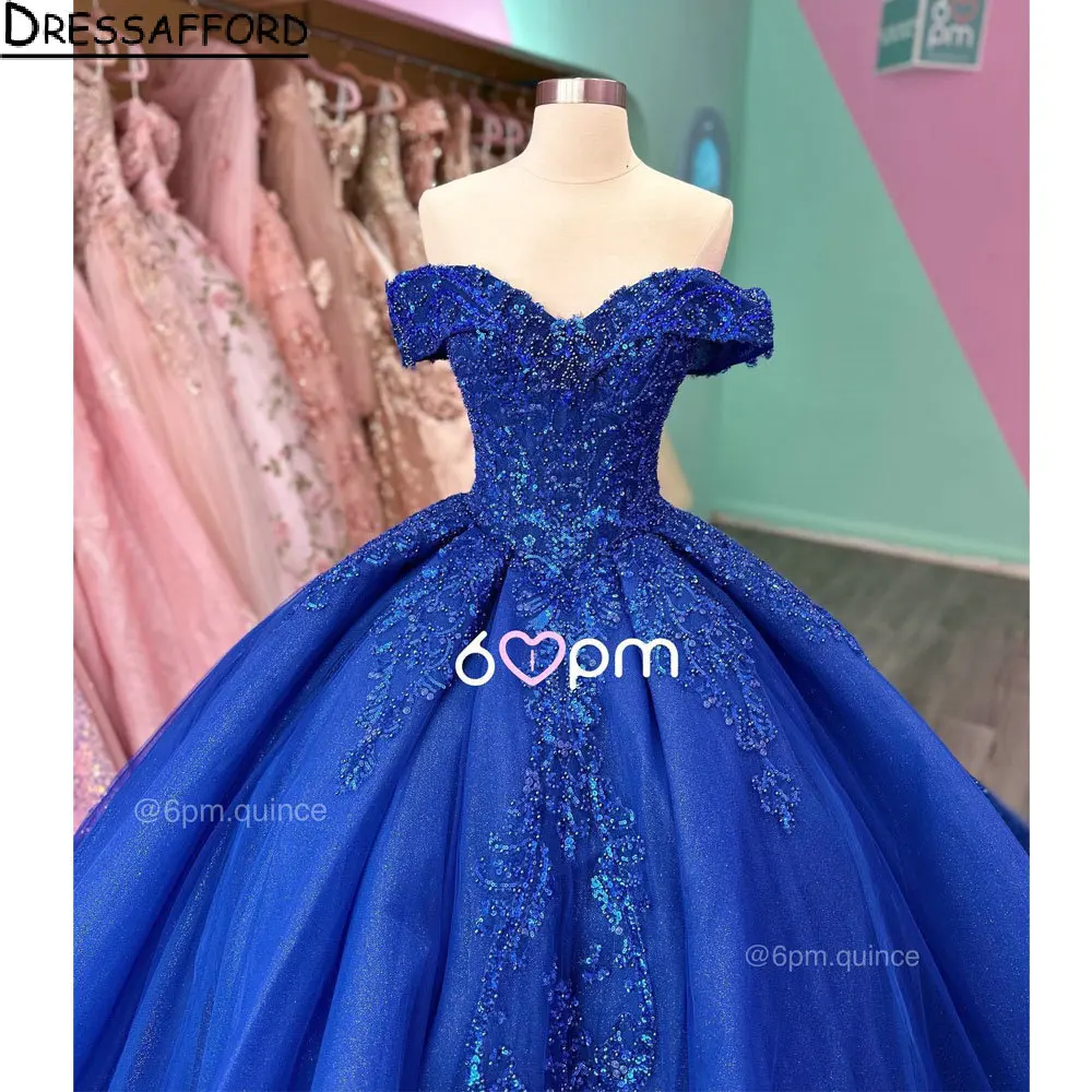 Vestido de quinceañera de encaje con apliques de lentejuelas en Azul Real, vestido de quinceañera con hombros descubiertos, corsé con cuentas de cristal Para Años XV