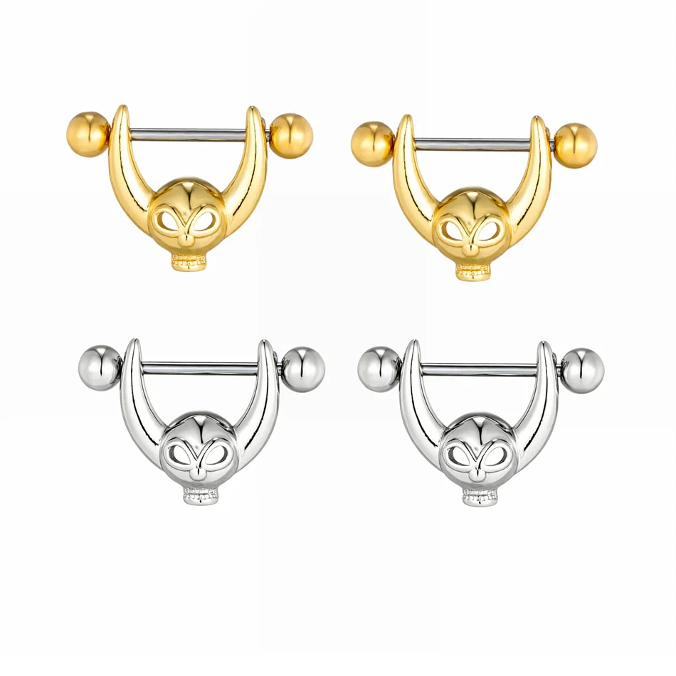2pc Viking Bull Skull Nipple Rings 1.2mm 16G Titanium Straight Barbells Body Piercing Ring for Men Women Nippies Chest Jewelry