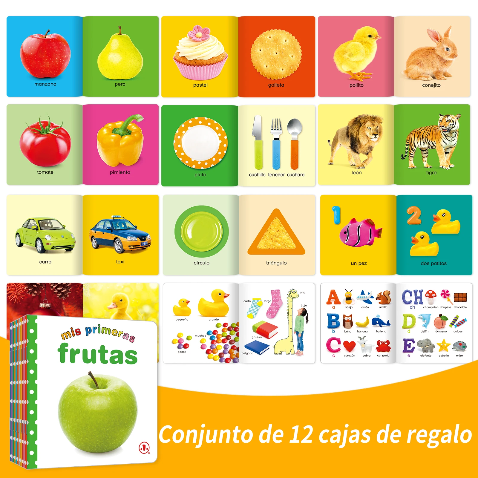 1 Set Of 12 Children\'s Educational Flip Books, Reading Pictures And Words To Improve Baby\'s Cognition Spanish Boxed Set